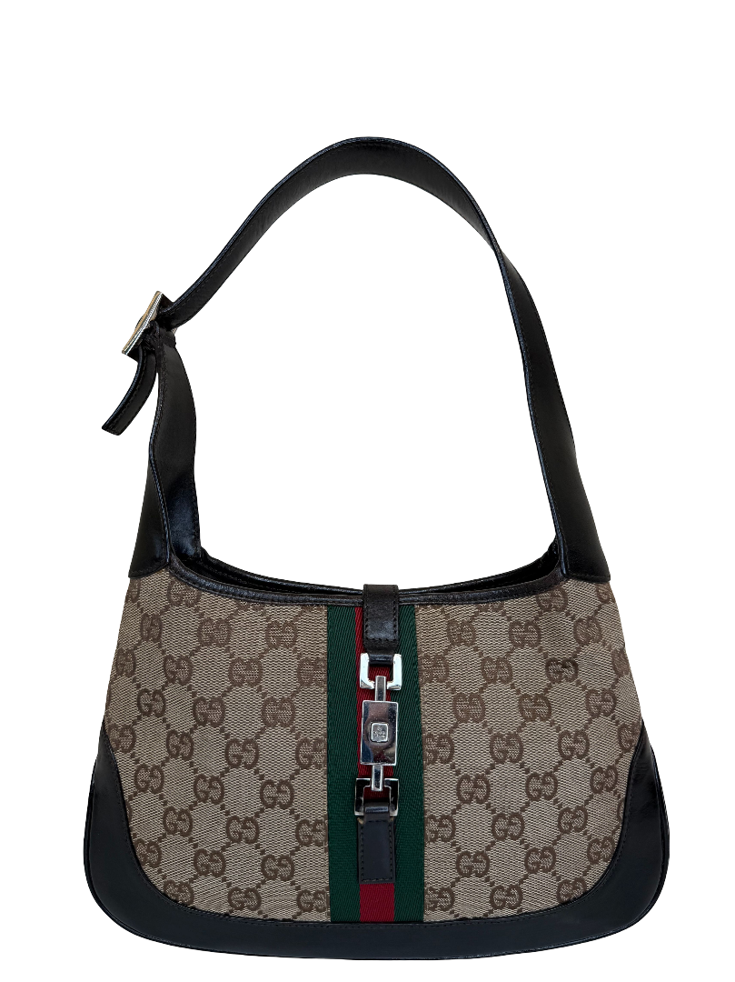 Gucci Vintage Small Jackie GG Canvas Dark Brown Leather Hobo Bag