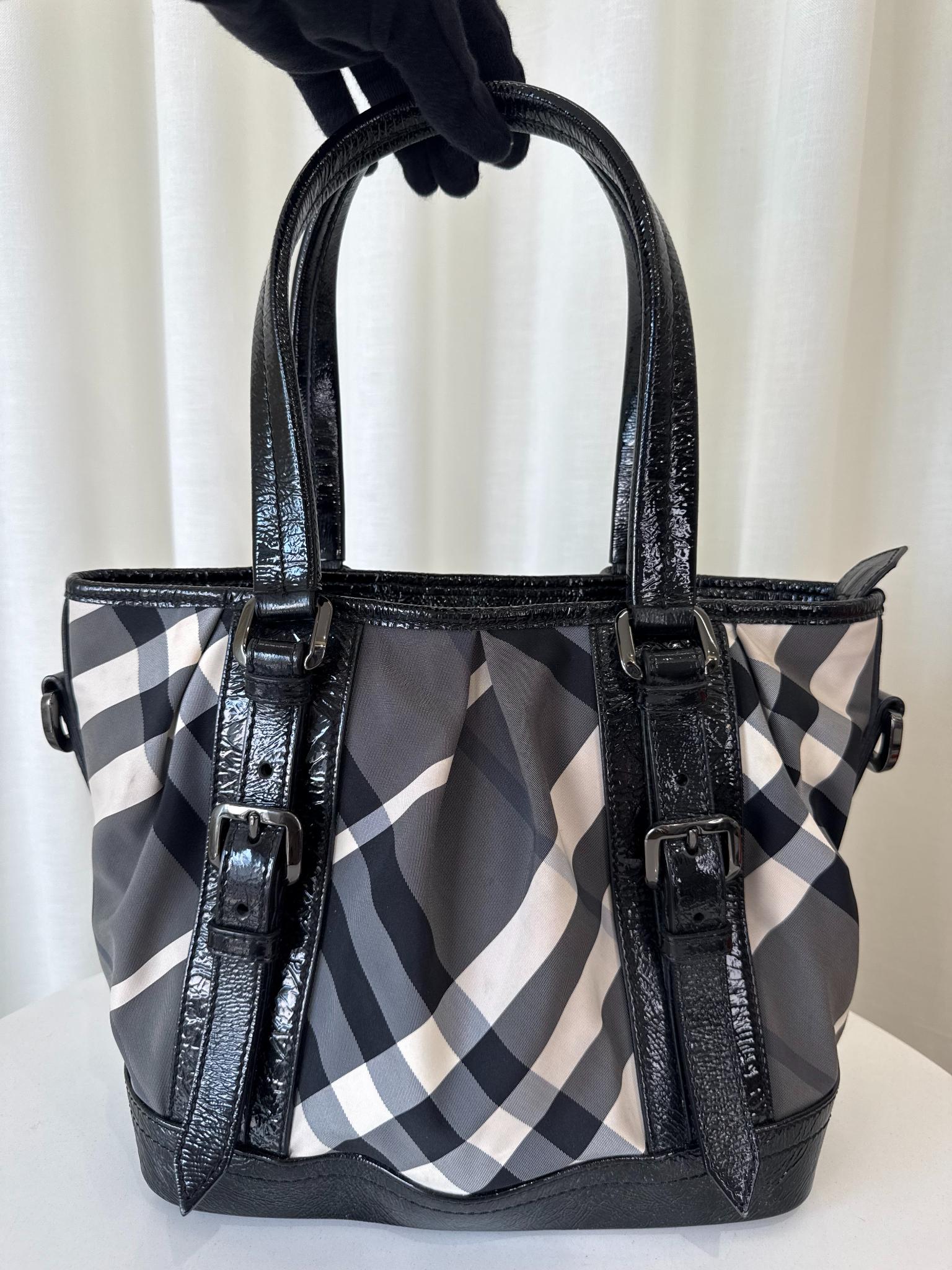 Burberry Black Beat Check Nylon and Patent Leather Small Lowry Tote
