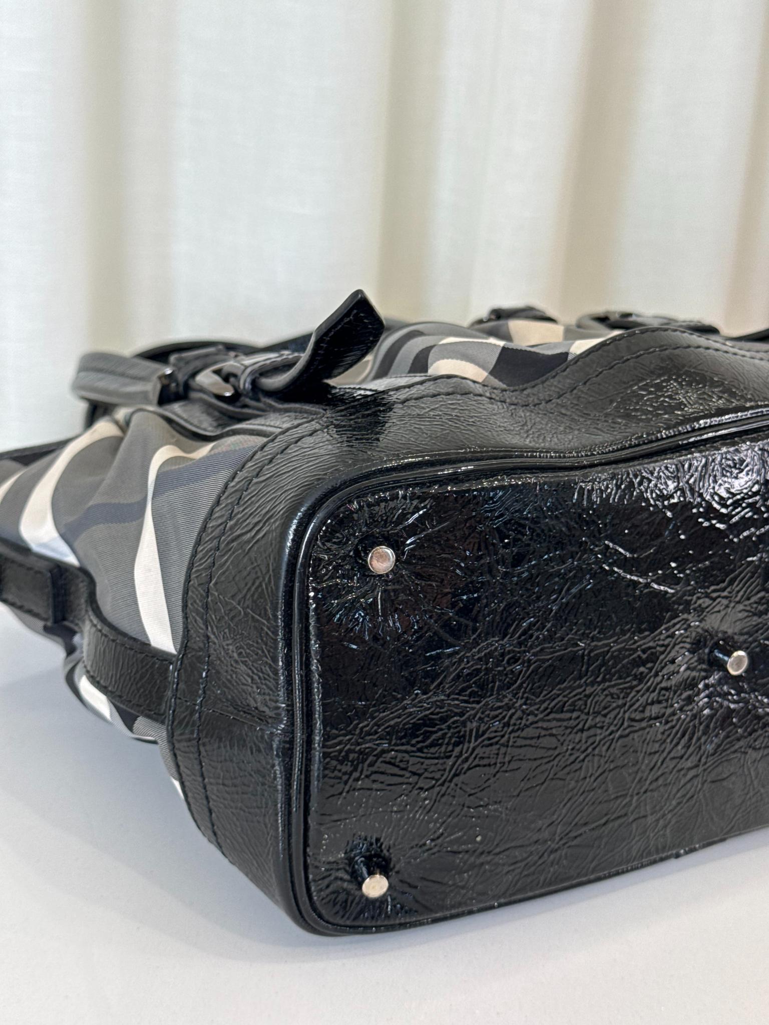 Burberry Black Beat Check Nylon and Patent Leather Small Lowry Tote