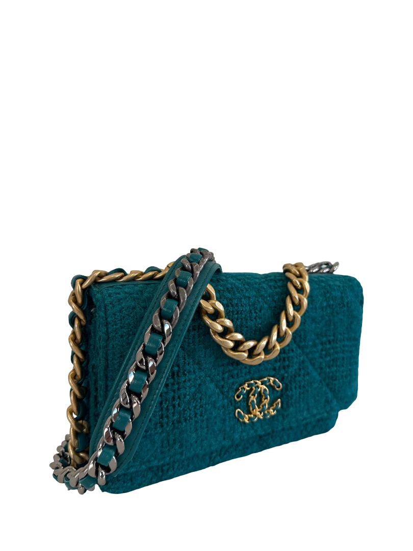 Chanel 19 Green Tweed Wallet On Chain