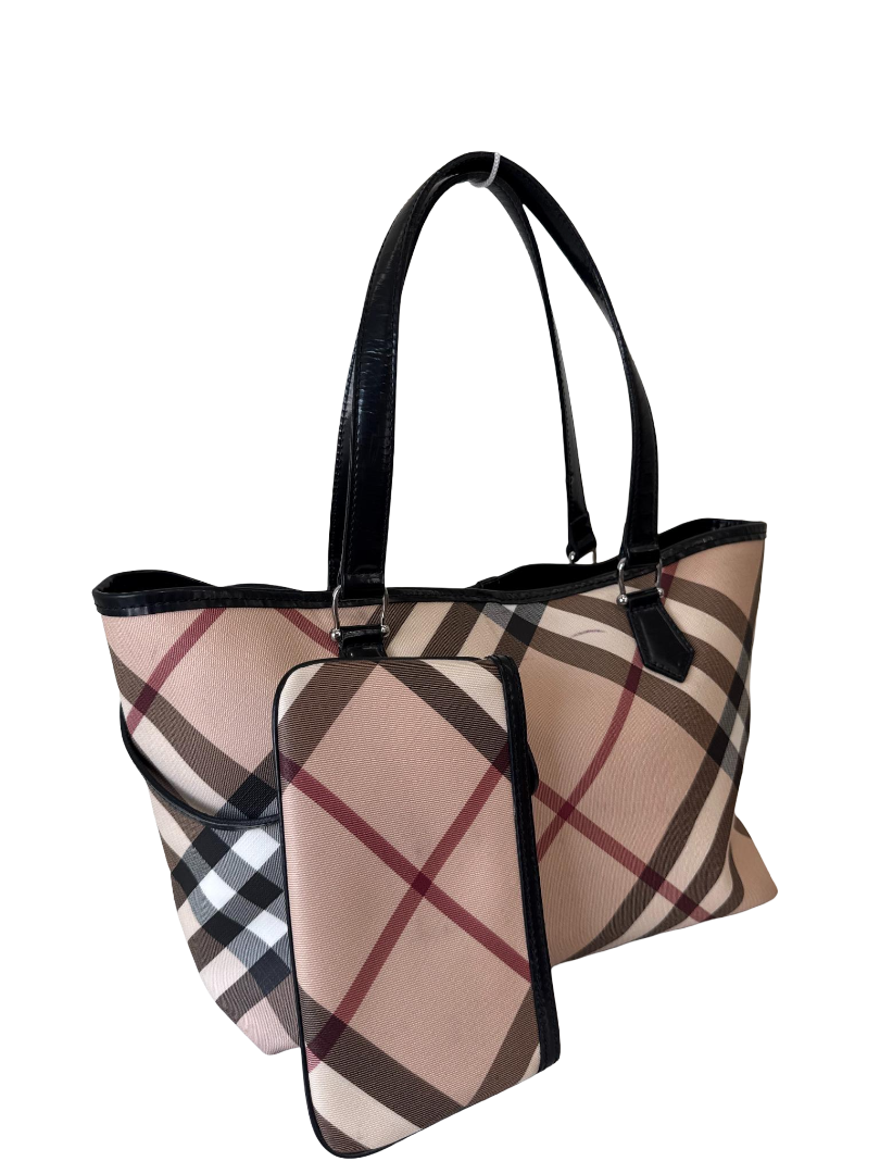 Burberry Beige/Black  Patent Leather Burberry Nickie Tote With Pouch (2)