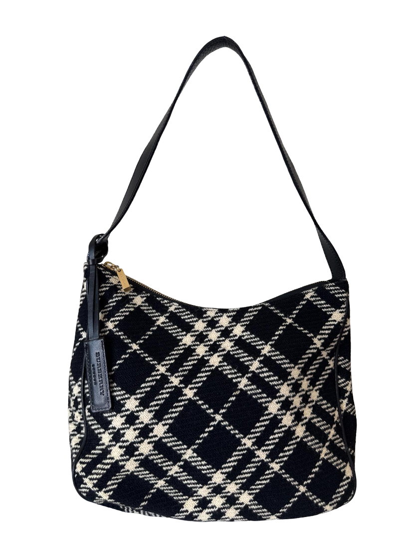 Burberry Black/White Plaid Wool Shoulder Bag