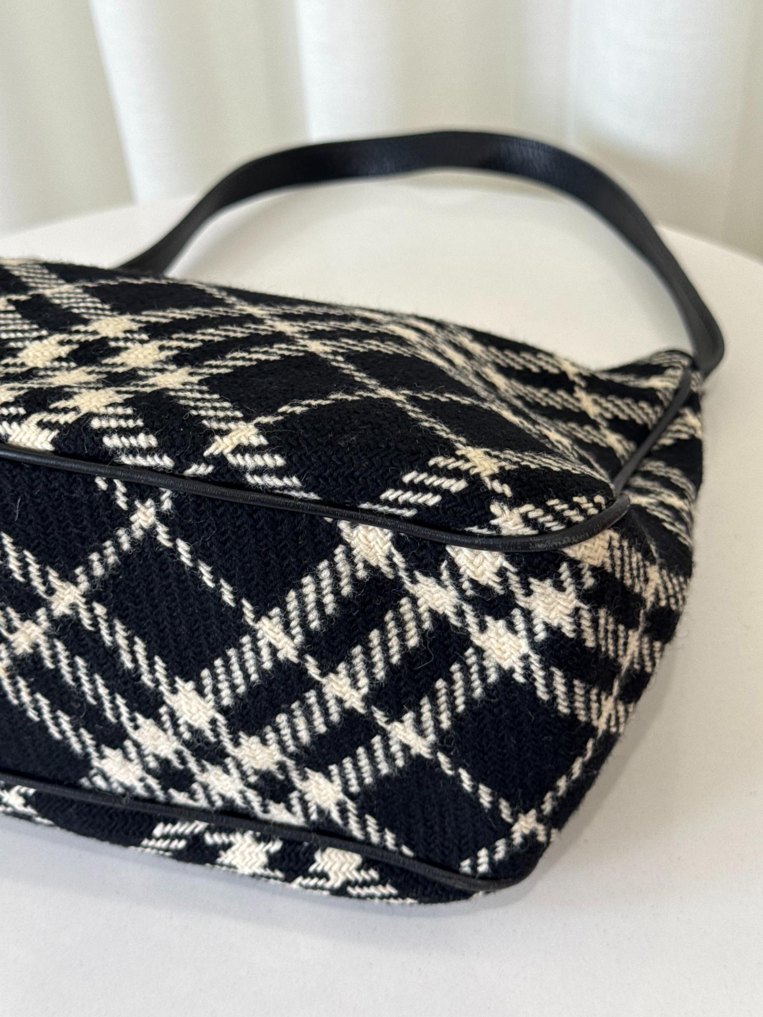 Burberry Black/White Plaid Wool Shoulder Bag