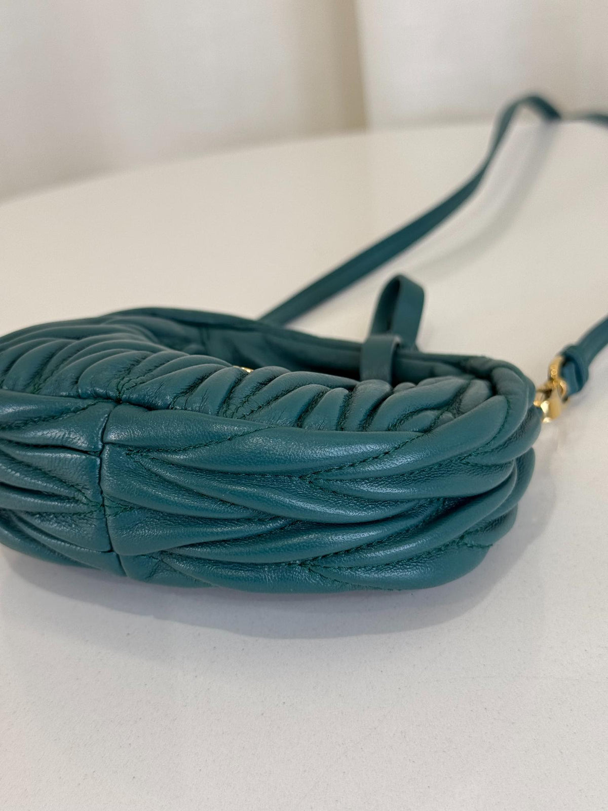 Miu Miu Wander Matelassé Nappa Leather Hobo Micro Bag Lagoon Blue