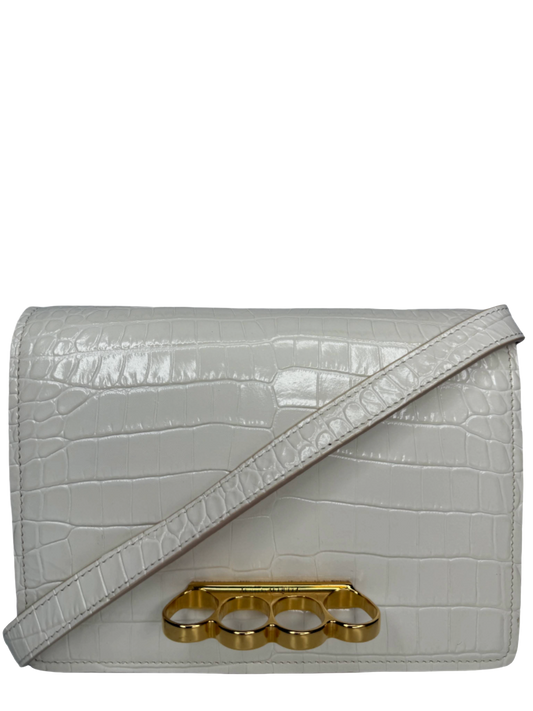 Alexander McQueen Croc Embossed Four Ring Crossbody Bag in Soft Ivory