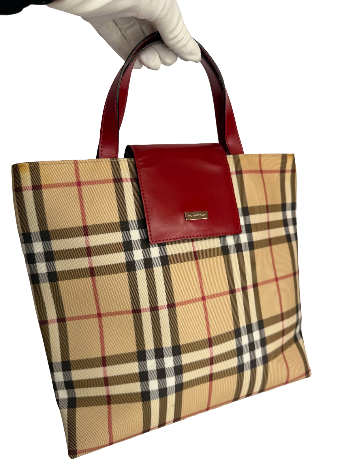 Burberry Beige/Red Nova Check Coated Canvas Top Handle Bag