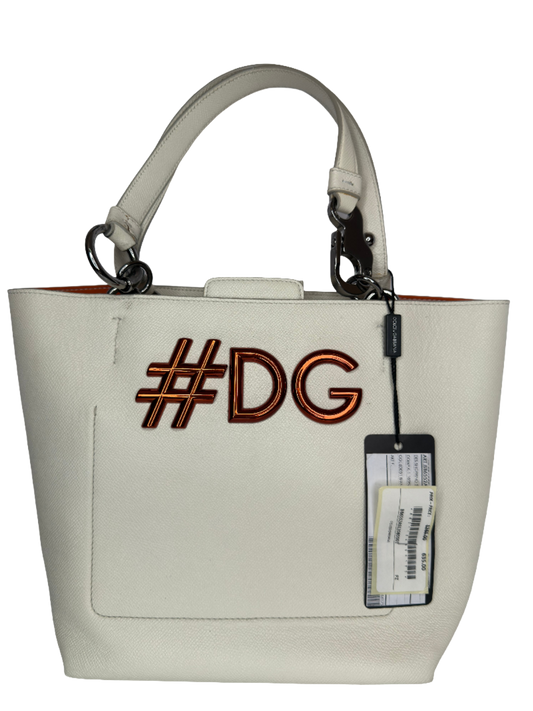 Dolce Gabbana White Leather #DG Beatrice Tote Bag