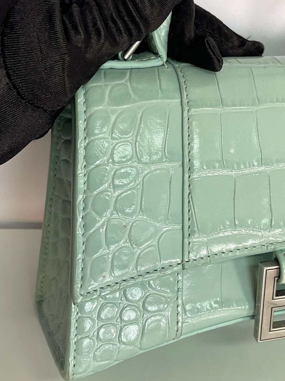 Balenciaga Green Aqua Croc Embossed Leather XS Hourglass Top Handle Bag