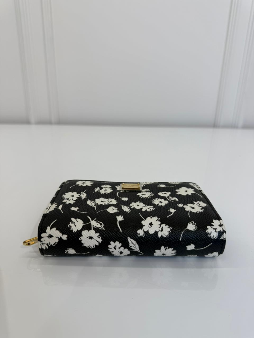 Dolce Gabbana Black/White Leather Floral Print Wallet