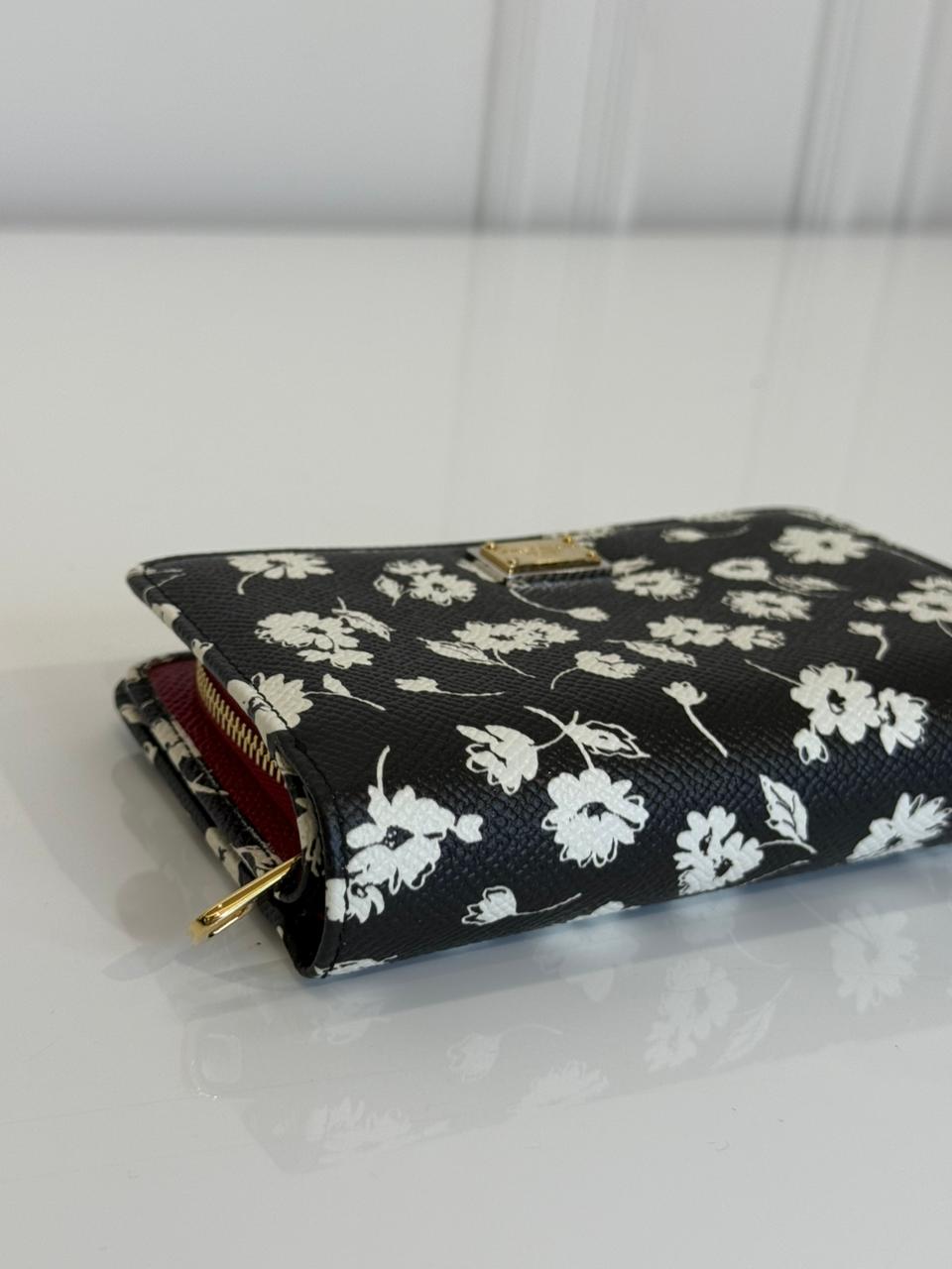 Dolce Gabbana Black/White Leather Floral Print Wallet
