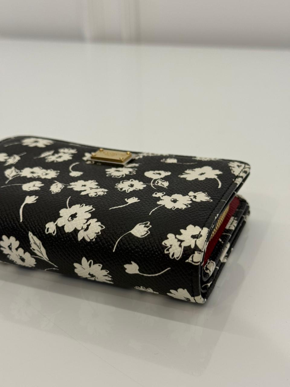 Dolce Gabbana Black/White Leather Floral Print Wallet