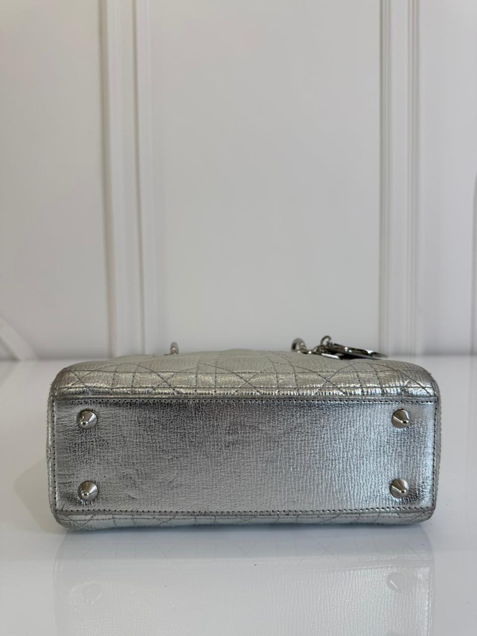 Christian Dior Silver Cannage Quilted Lambskin Leather Small Lady Dior Bag