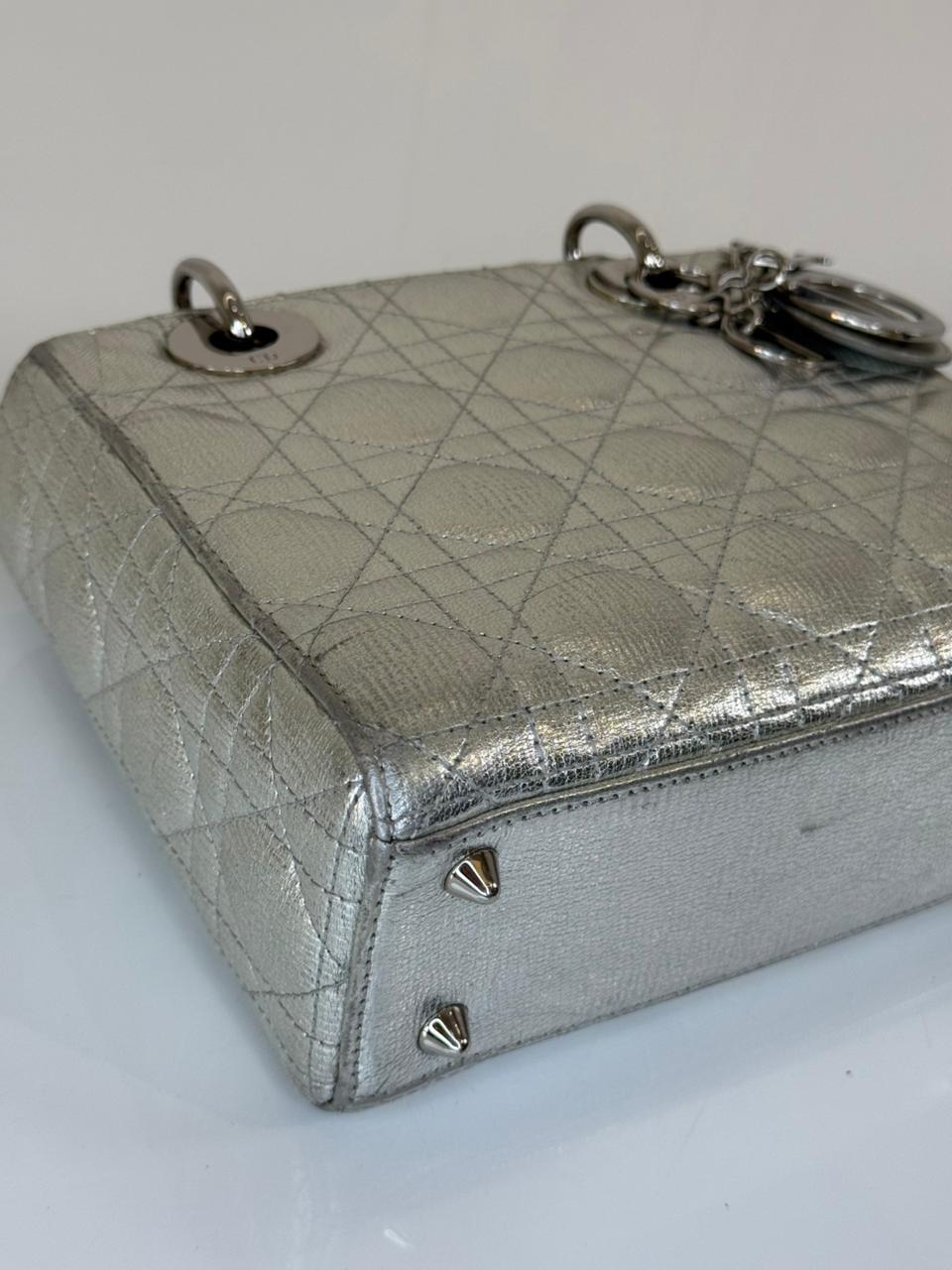 Christian Dior Silver Cannage Quilted Lambskin Leather Small Lady Dior Bag
