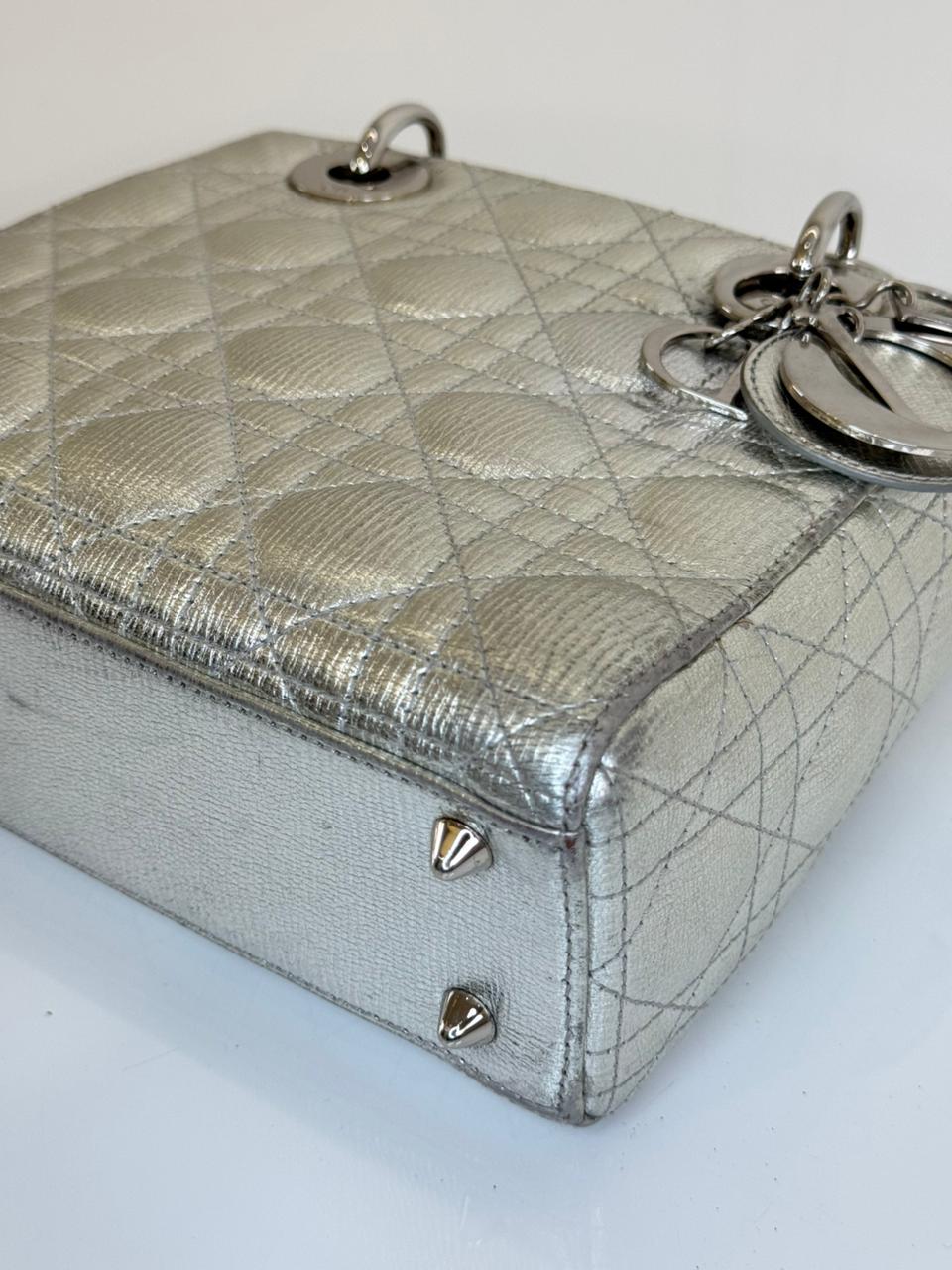 Christian Dior Silver Cannage Quilted Lambskin Leather Small Lady Dior Bag