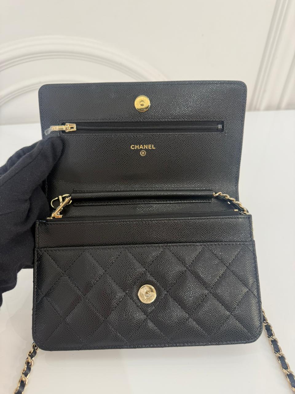 Chanel Black Quilted Caviar Leather Wallet On Chain